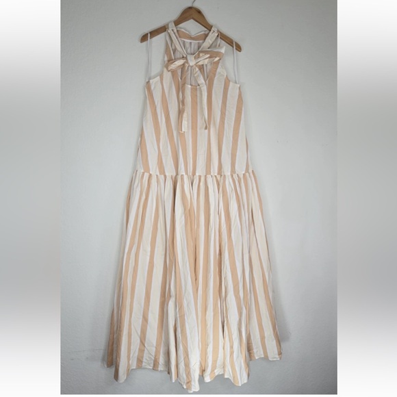 STAUD Marlowe Striped Dress Halter Tie Neck Midi Dress Tan White Size L Womens - Picture 2 of 10